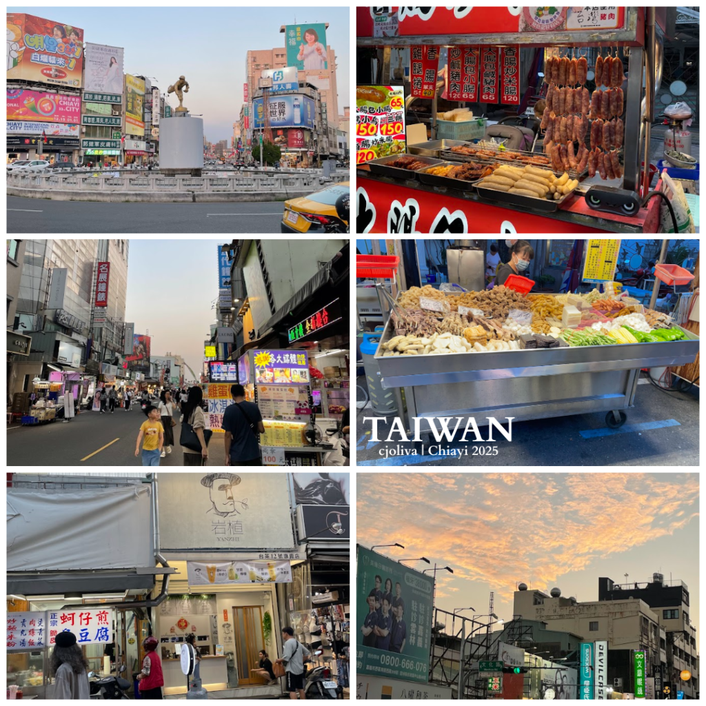 A six-photo collage of Chiayi City, Taiwan. Images include the famous Central Fountain roundabout with a baseball statue, various street food stalls selling sausages and fried snacks, busy shopping streets, and a beautiful orange sunset over city buildings.