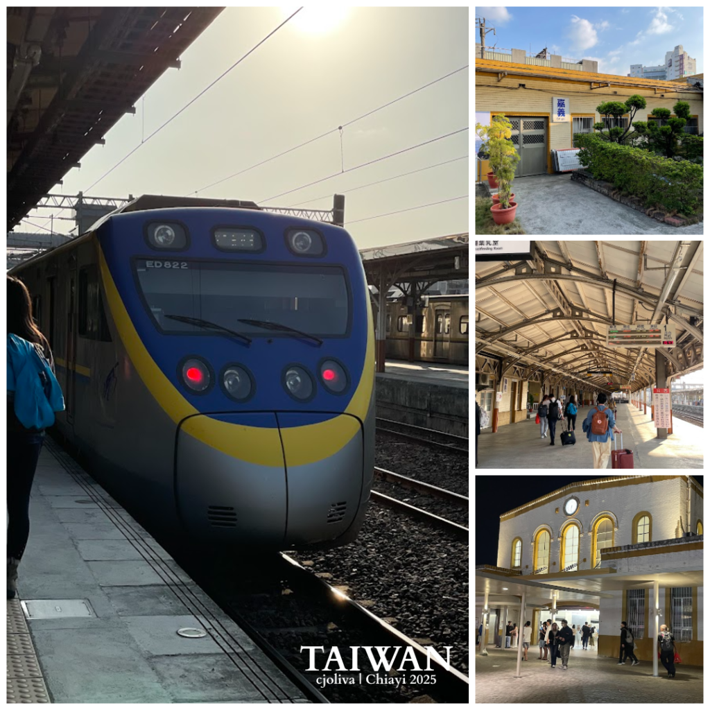A collage of four photos featuring Chiayi Railway Station in Taiwan. Images show the station's exterior with "Chiayi Station" in large characters, a blue and silver EMU800 commuter train at the platform, and the distinctive narrow-gauge tracks of the Alishan Forest Railway.