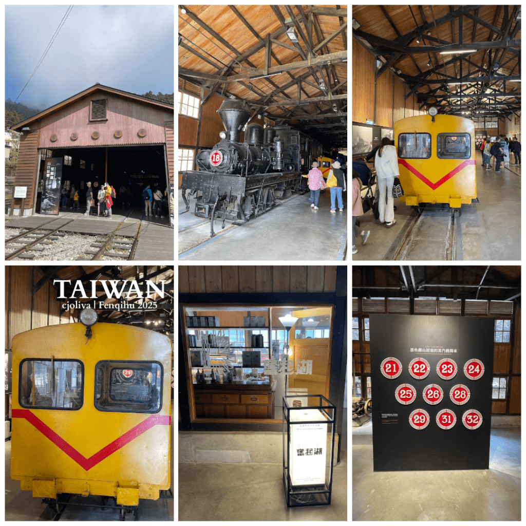 Six square photos in a grid, showing the exterior and interior of the Fenqihu Railway Museum in Taiwan, featuring historic trains and exhibits.