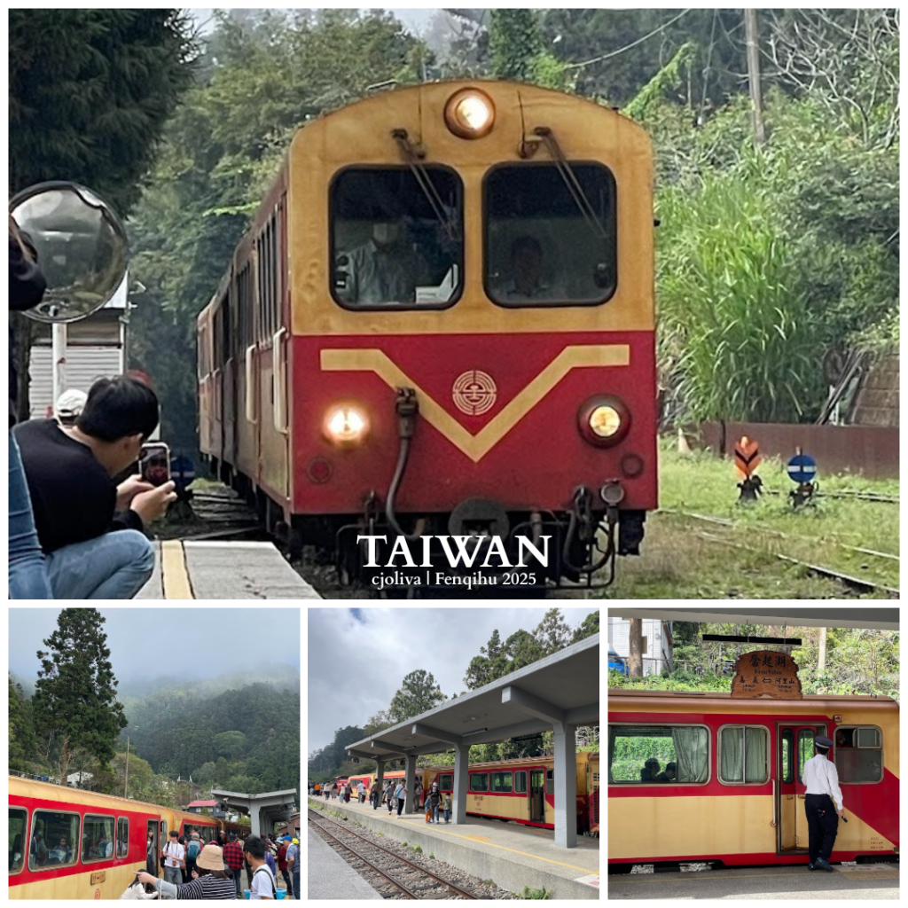 A collage of four photos showing the Alishan Forest Railway train at Fenqihu Station. The main photo shows the front of the red and yellow train with its lights on, while smaller photos show passengers on the platform and the train surrounded by misty green mountains.
