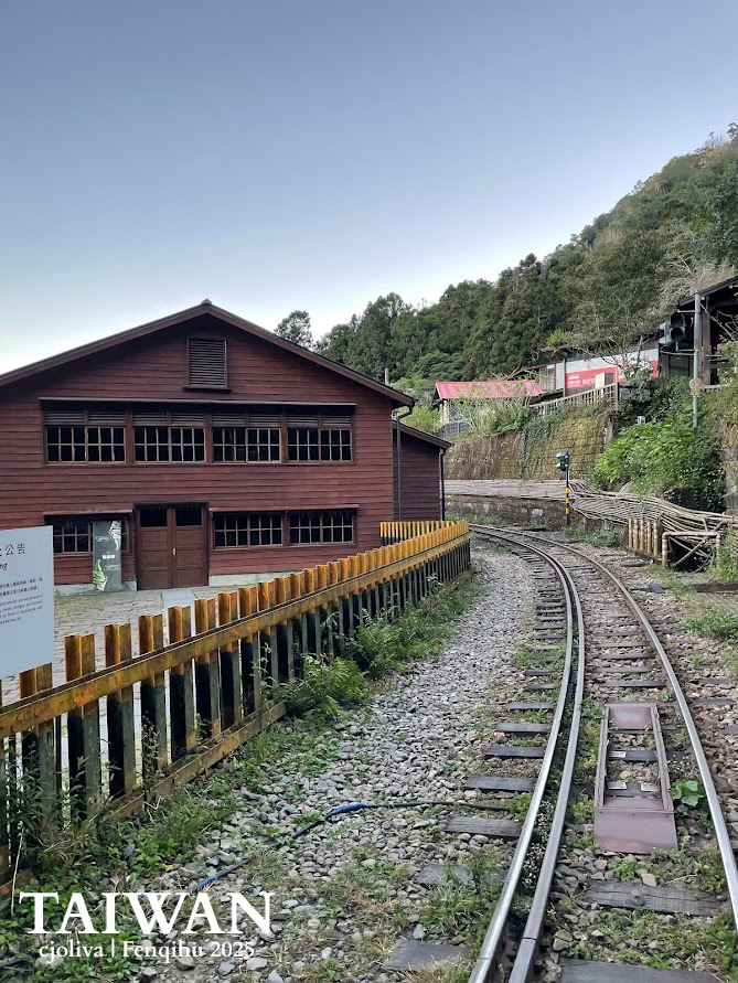 A historic wooden railway warehouse and a curved narrow-gauge track at Fenchihu Station, surrounded by the lush green mountains of Alishan, Taiwan.