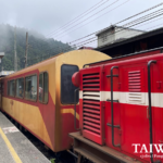 A close-up view of a bright red Alishan Forest Railway locomotive and its cream-and-red passenger carriages stopped at the Fenqihu Station platform under a cloudy, misty sky.