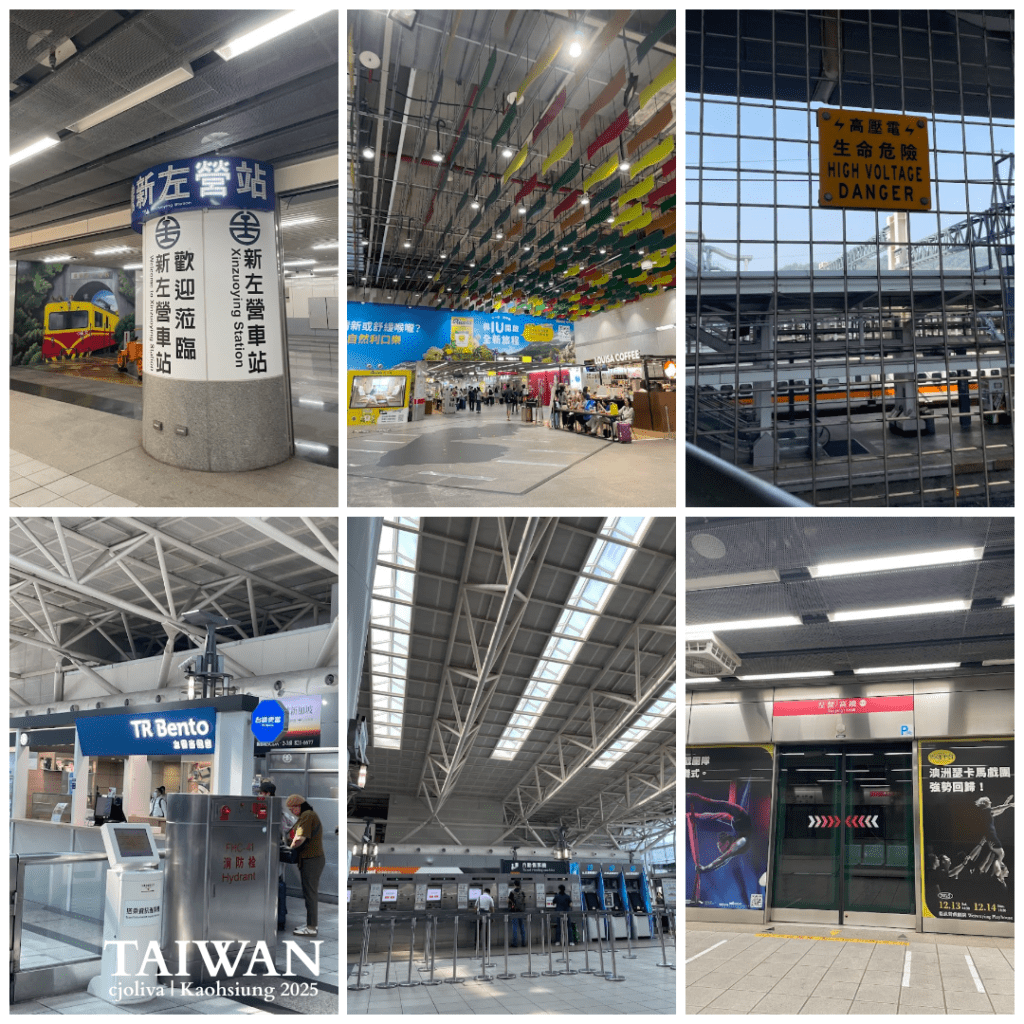 Various views of a modern Taiwanese train station interior, including a TR Bento shop and high-ceiling industrial architecture.