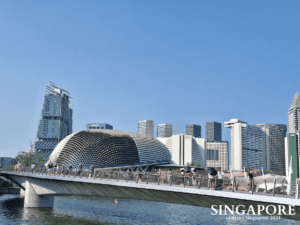 Cityscape of Singapore featuring the Esplanade – Theatres on the Bay with its durian-shaped dome, pedestrian bridge, and modern high-rise buildings under a clear sky, taken in 2024