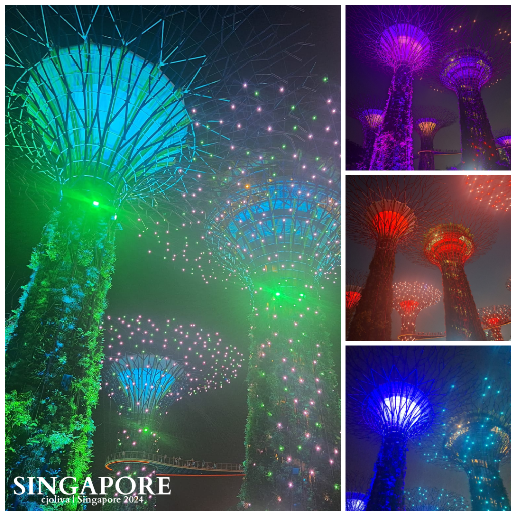 A collage of the Supertree Grove at Gardens by the Bay illuminated in neon green, purple, red, and blue at night.