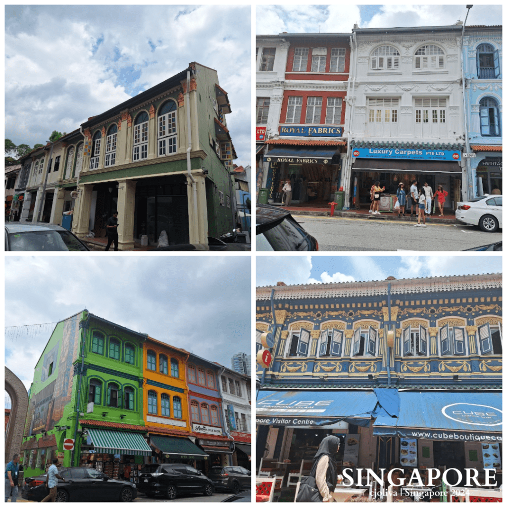 Collage of four views of Singapore shophouses with ornate facades, arched windows, and vibrant colors, highlighting heritage architecture across different districts.