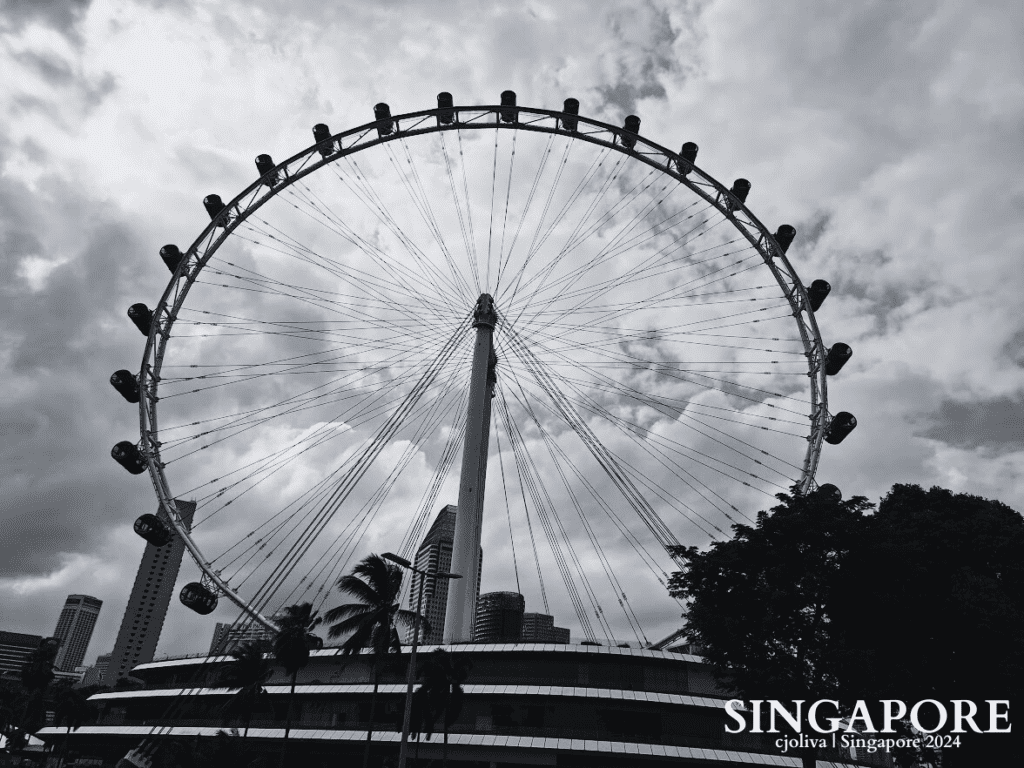 A monochrome view of the Singapore Flyer observation wheel against a cloudy sky.