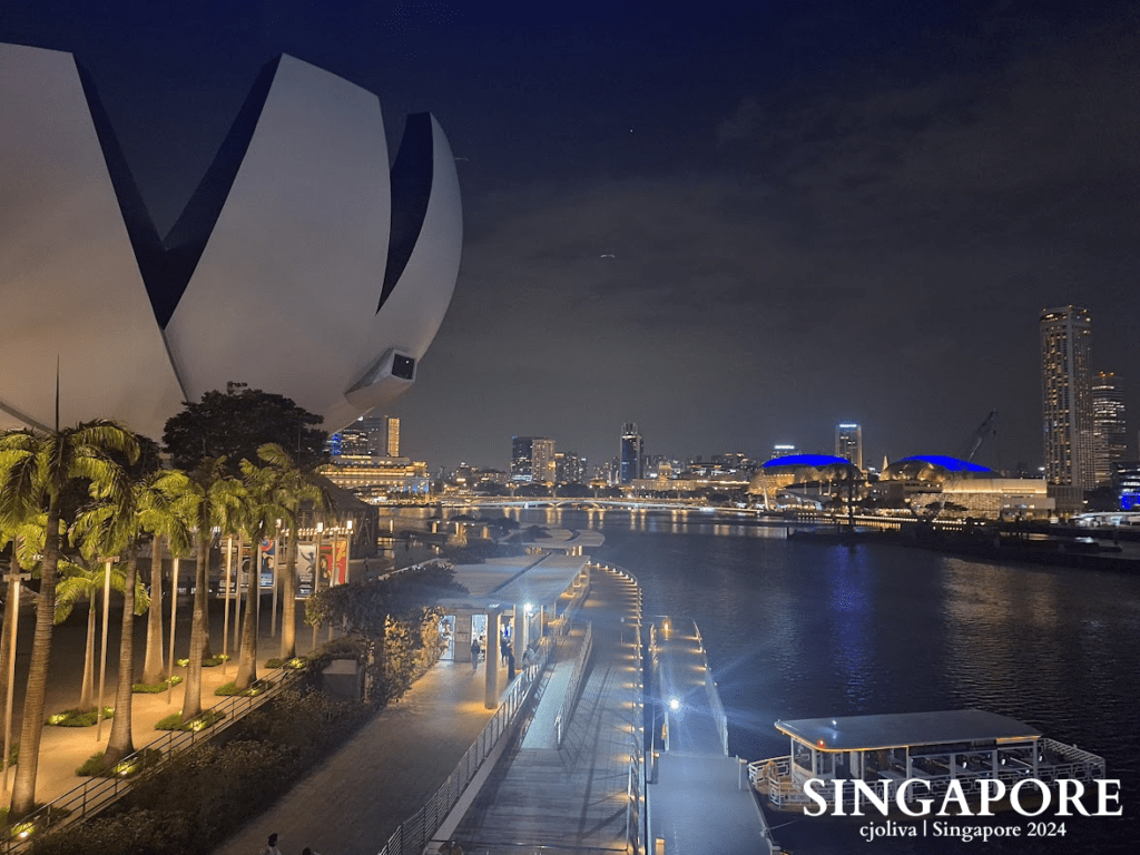Nighttime view of Marina Bay in Singapore with the illuminated ArtScience Museum, palm-lined walkway, Esplanade domes lit in blue, and reflections on the water.