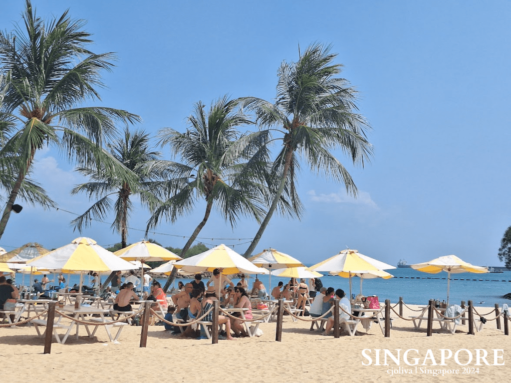 Sunny beach in Sentosa, Singapore with tall palm trees, yellow‑and‑white umbrellas, lounge chairs, and groups of people relaxing by the calm blue sea under a clear sky.