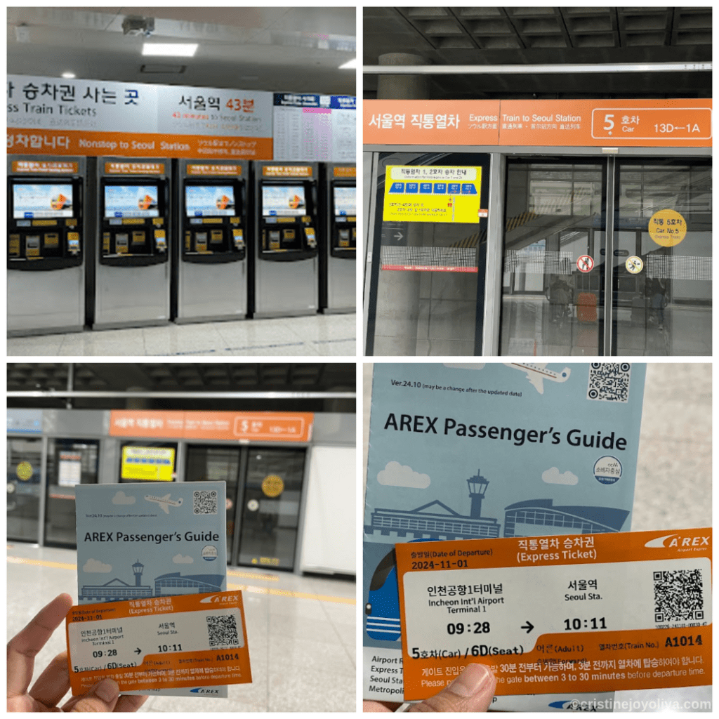 Collage showing AREX express train ticket machines, platform doors, passenger guide, and ticket details for nonstop ride from Incheon Airport to Seoul Station