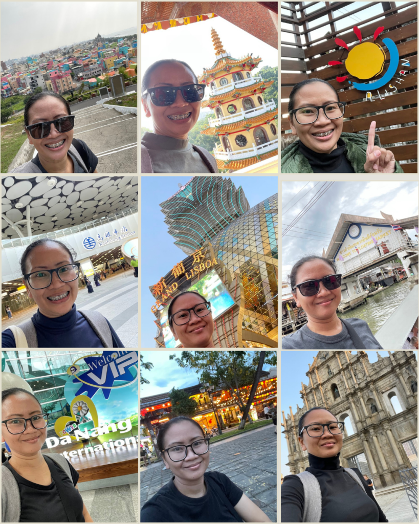 Collage of nine photos featuring a traveler smiling and posing at landmarks across Asia, including colorful cityscapes, pagodas, the Alishan sign, Kaohsiung Station, the Grand Lisboa Hotel in Macau, waterfront buildings, Da Nang International Airport, illuminated public areas, and the Ruins of St. Paul in Macau.