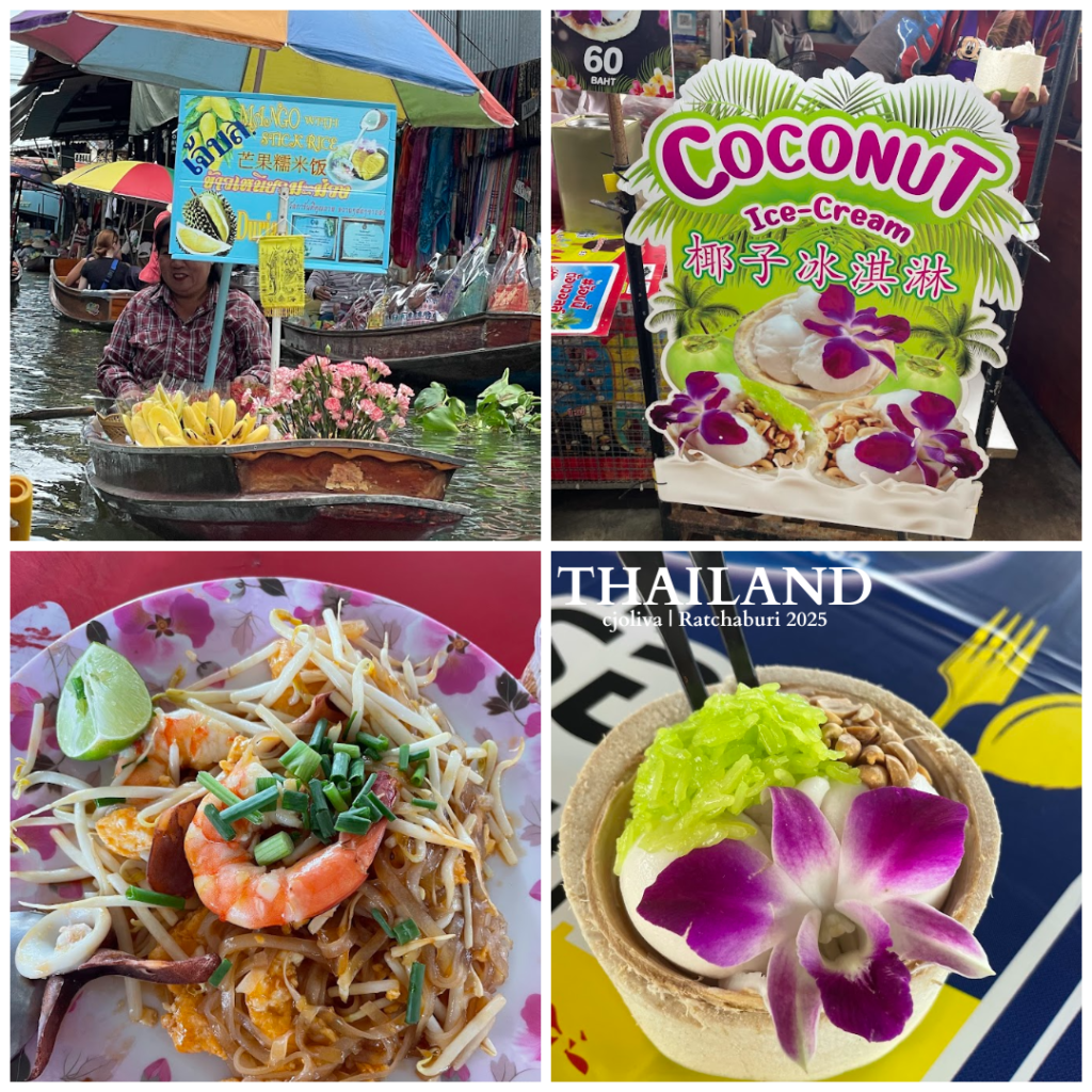 Collage of Ratchaburi, Thailand, 2025, featuring a floating market vendor with bananas and flowers, Pad Thai with shrimp and squid, coconut ice cream topped with sticky rice and orchid, and a promotional sign for coconut ice cream.