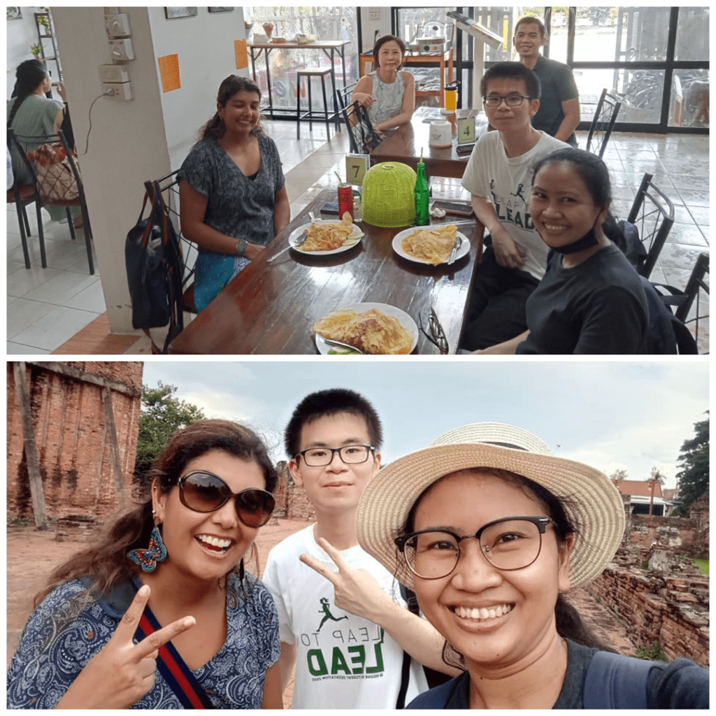 A collage of friends dining at a restaurant and posing in front of ancient brick ruins in Ayutthaya, Thailand