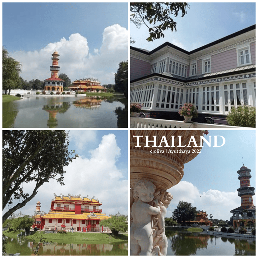 A collage of four images showing the Bang Pa-In Summer Palace in Thailand, including a colorful tiered lookout tower, a Chinese-style mansion, a lavender European-style villa, and a cherub-adorned fountain.