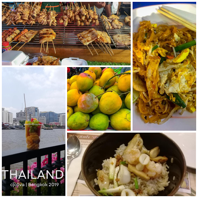A collage of Thai street food including grilled squid skewers, fresh mangoes, and a plate of Pad Thai.