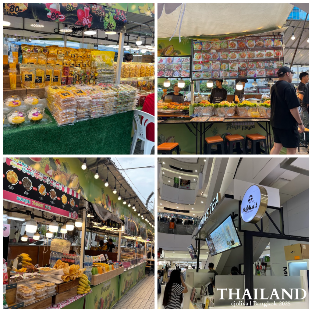 Collage of Bangkok market and shopping mall in 2025 showing a dried fruit stall with 80 baht price tags, the Fruits Fiesta food stall with colorful dishes, a banana and snack stall with a bright canopy, and the modern tea shop Moma’s TEA inside a mall.