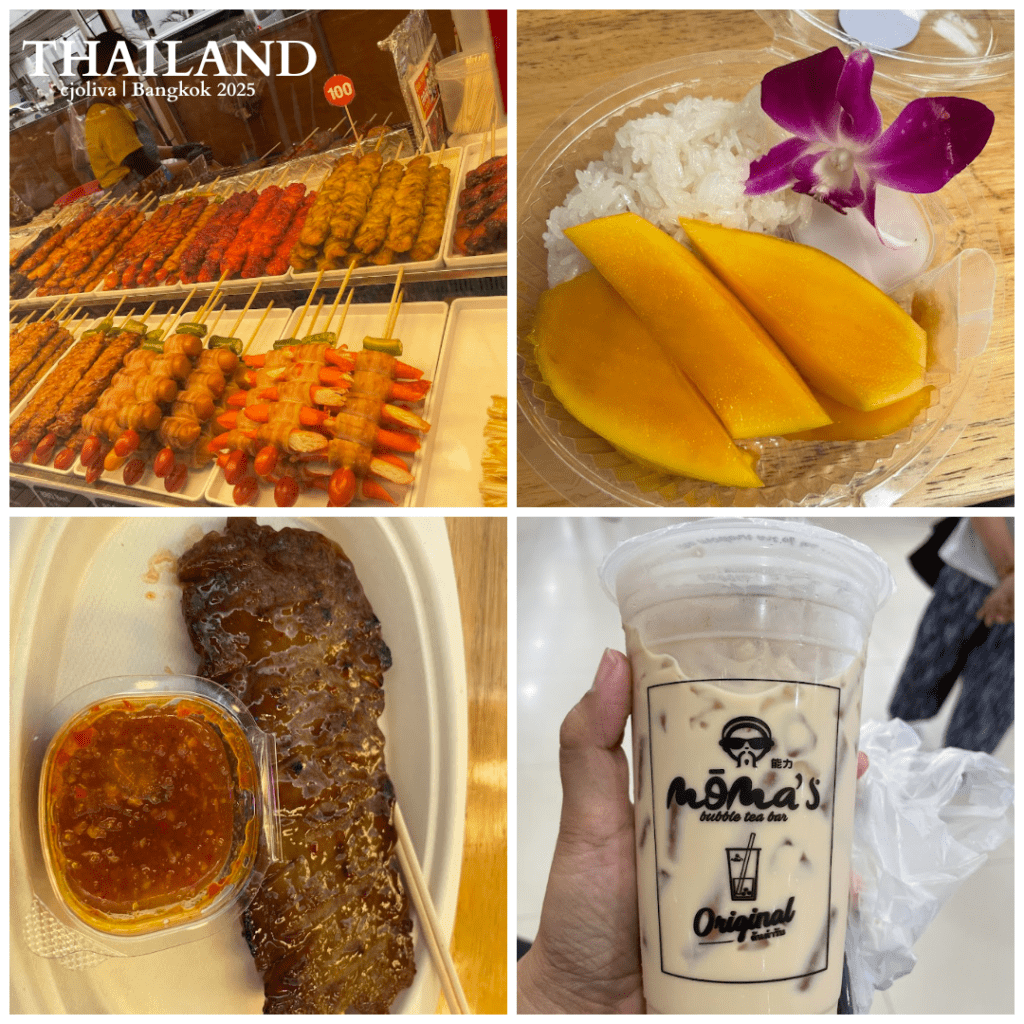 Collage of Bangkok street food in 2025 featuring grilled skewers of shrimp, sausage, and vegetables; mango sticky rice with orchid garnish; marinated grilled meat with dipping sauce; and iced bubble tea from Nona's Bubble Tea Bar.