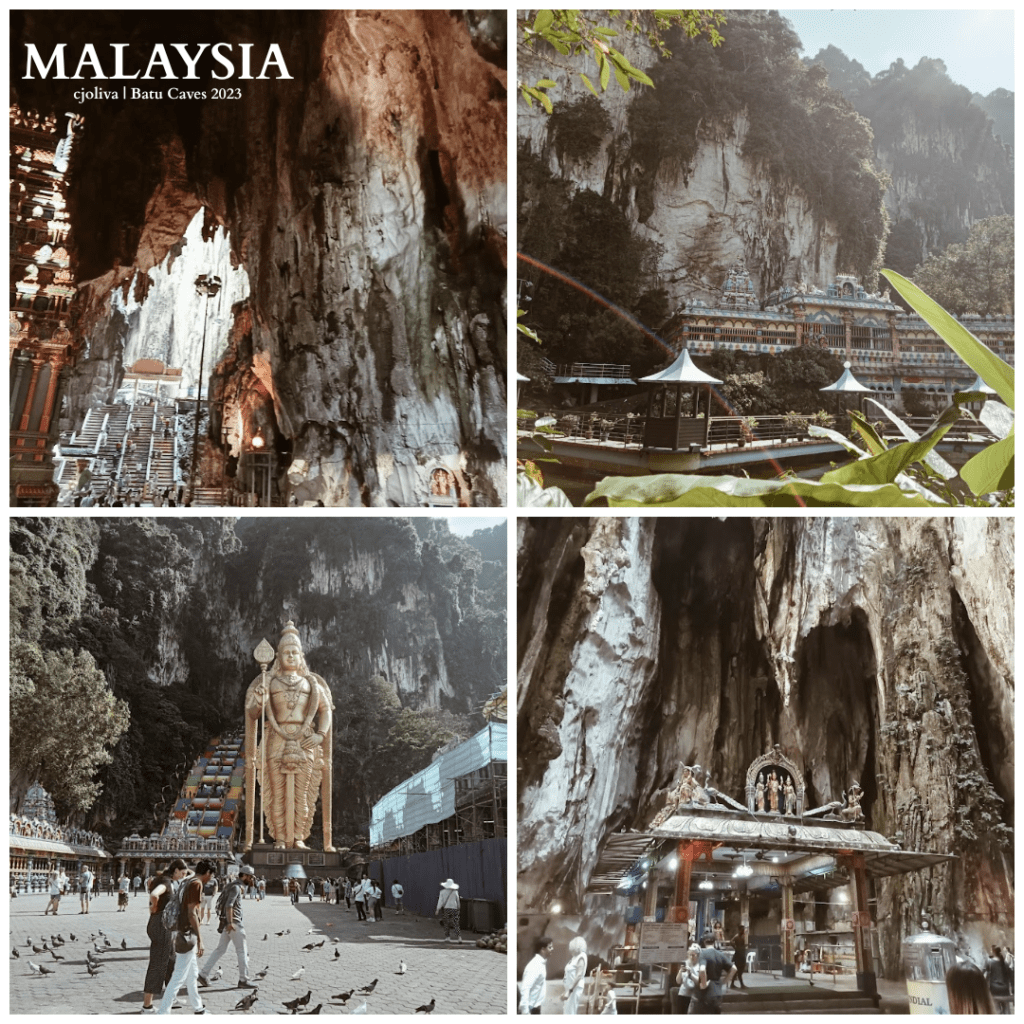 Collage of Batu Caves in Malaysia, featuring the golden Lord Murugan statue, colorful temple structures, limestone cave interiors, and shrines within dramatic rock formations.