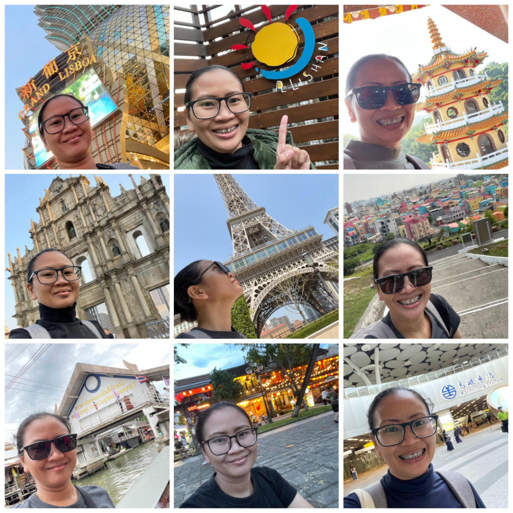 Collage of selfies at global landmarks, including Macau, Paris, Taiwan, and scenic towns, representing a traveler’s journal