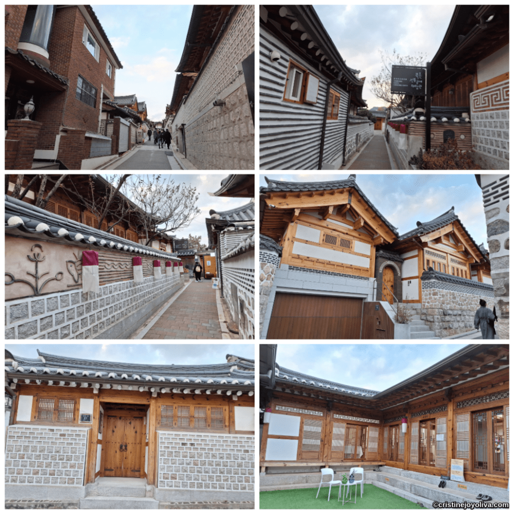 Collage of hanok houses in Bukchon Hanok Village, Seoul, with tiled roofs, wooden beams, lattice windows, and narrow alleyways lined with stone walls.