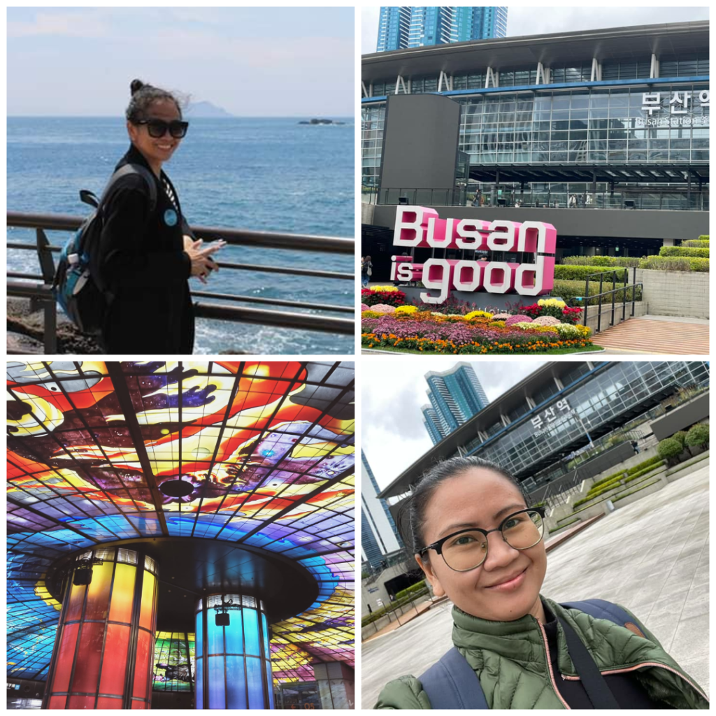 A side-by-side collage featuring the modern glass exterior of Busan Station in South Korea on the left, and the vibrant, colorful stained-glass "Dome of Light" installation at Formosa Boulevard Station in Kaohsiung, Taiwan, on the right.
