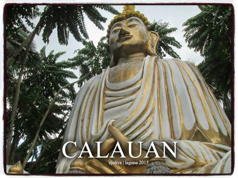 Large golden Buddha statue seated in meditation among palm trees at Calauan cultural site in Laguna, Philippines