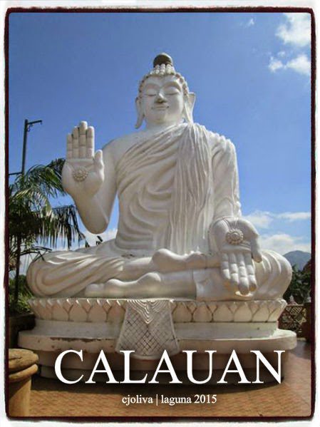 Large white Buddha statue seated in meditation with one hand raised in blessing, surrounded by palm trees in Calauan, Laguna, Philippines