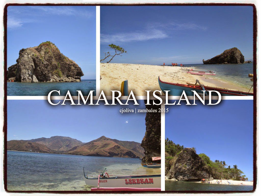 A photo collage of Camara Island in Zambales featuring rocky islet formations, a white sandbar, traditional outrigger boats, and clear turquoise water under a blue sky.