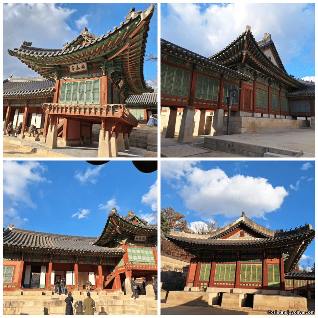 Collage of traditional Korean palace buildings at Changdeokgung Palace in Seoul, featuring ornate tiled roofs, wooden carvings, lattice windows, and visitors in traditional attire.