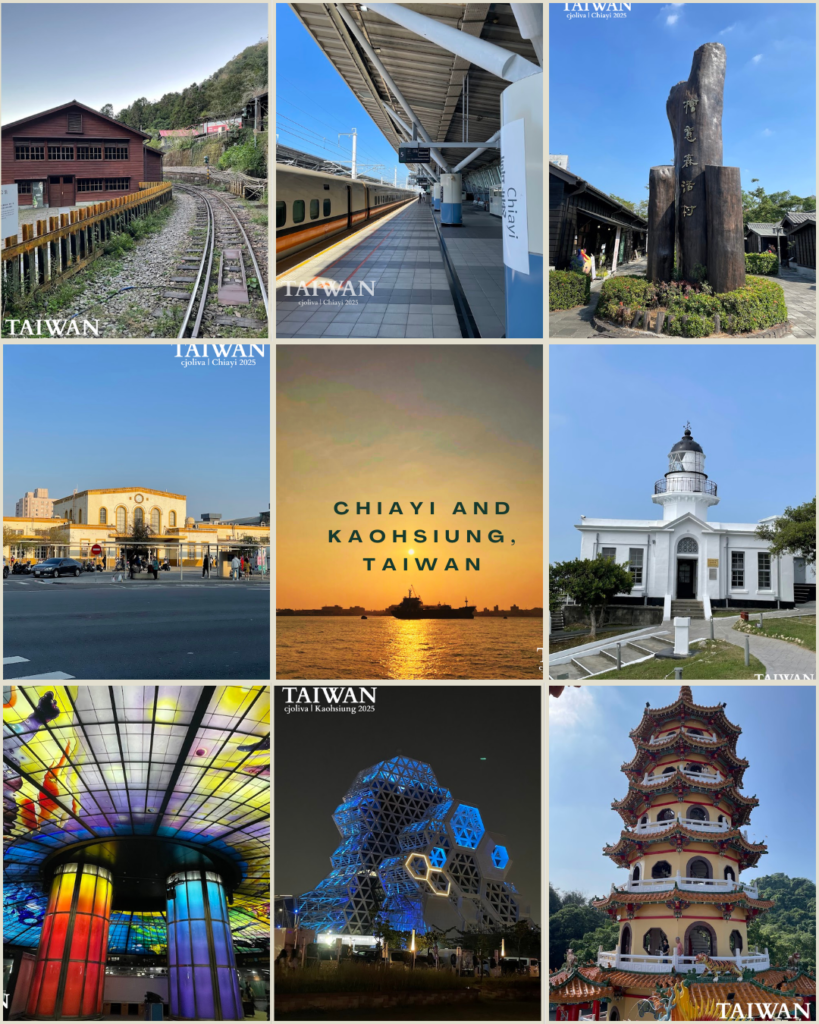 Collage of nine photos featuring Chiayi and Kaohsiung landmarks: Alishan Forest Railway, Chiayi train station, wooden monument, historic clock building, sunset over water, lighthouse, Dome of Light stained glass ceiling, futuristic hexagonal light building, and traditional pagoda.
