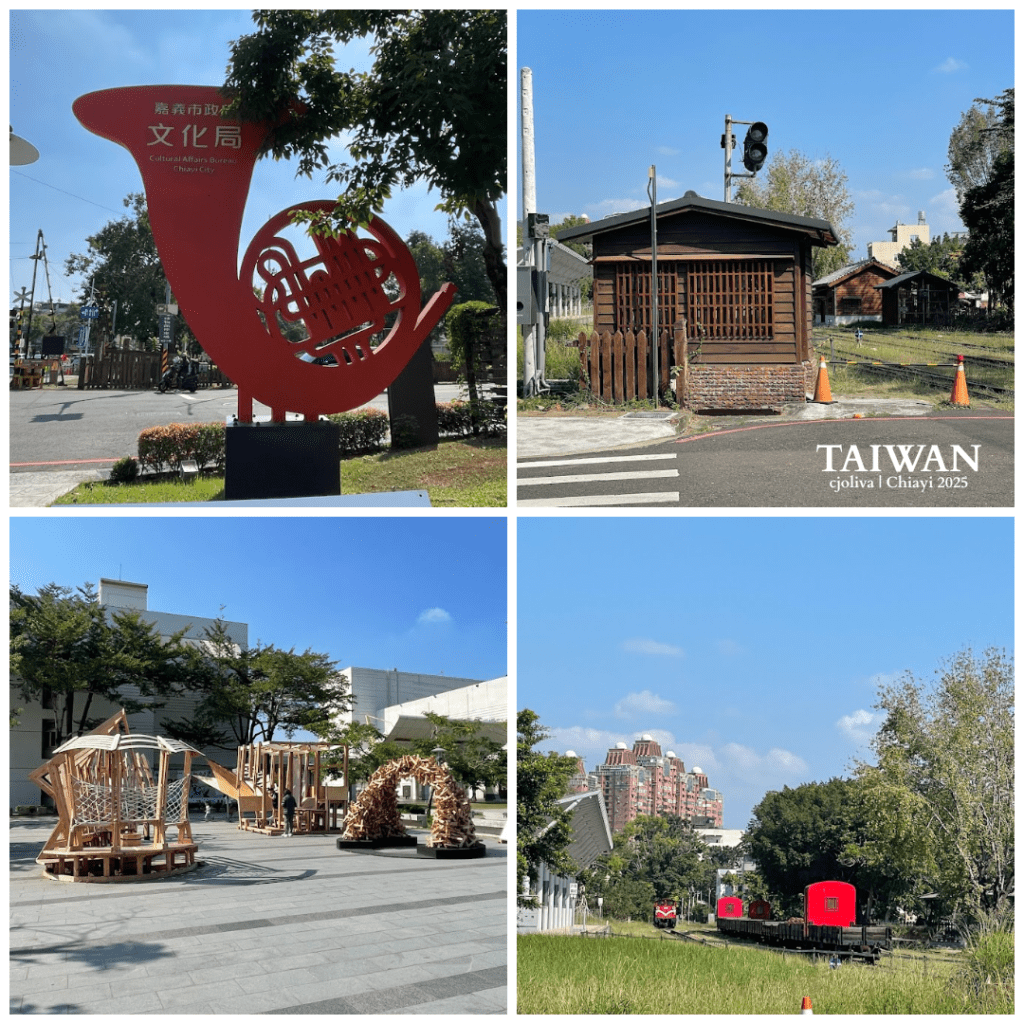 Collage of four Chiayi photos, including a large red French horn sculpture with Cultural Affairs Bureau text, a small wooden building near railroad tracks, an outdoor plaza with wooden art installations, and a red train surrounded by greenery with city buildings in the background.