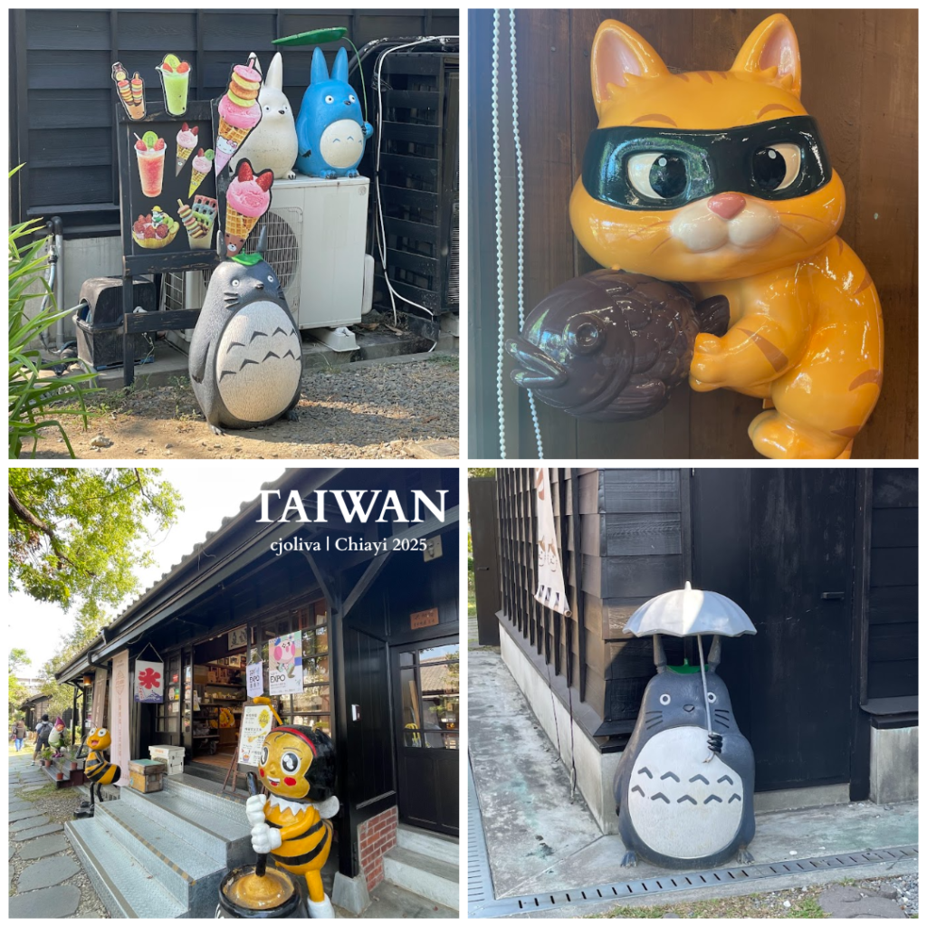 Collage of four photos in Chiayi, Taiwan, featuring whimsical statues: Totoro-inspired figures near a menu board, a large orange cat statue with a fish, bee-themed statues outside a shop, and a Totoro statue holding a white umbrella beside a wooden building.