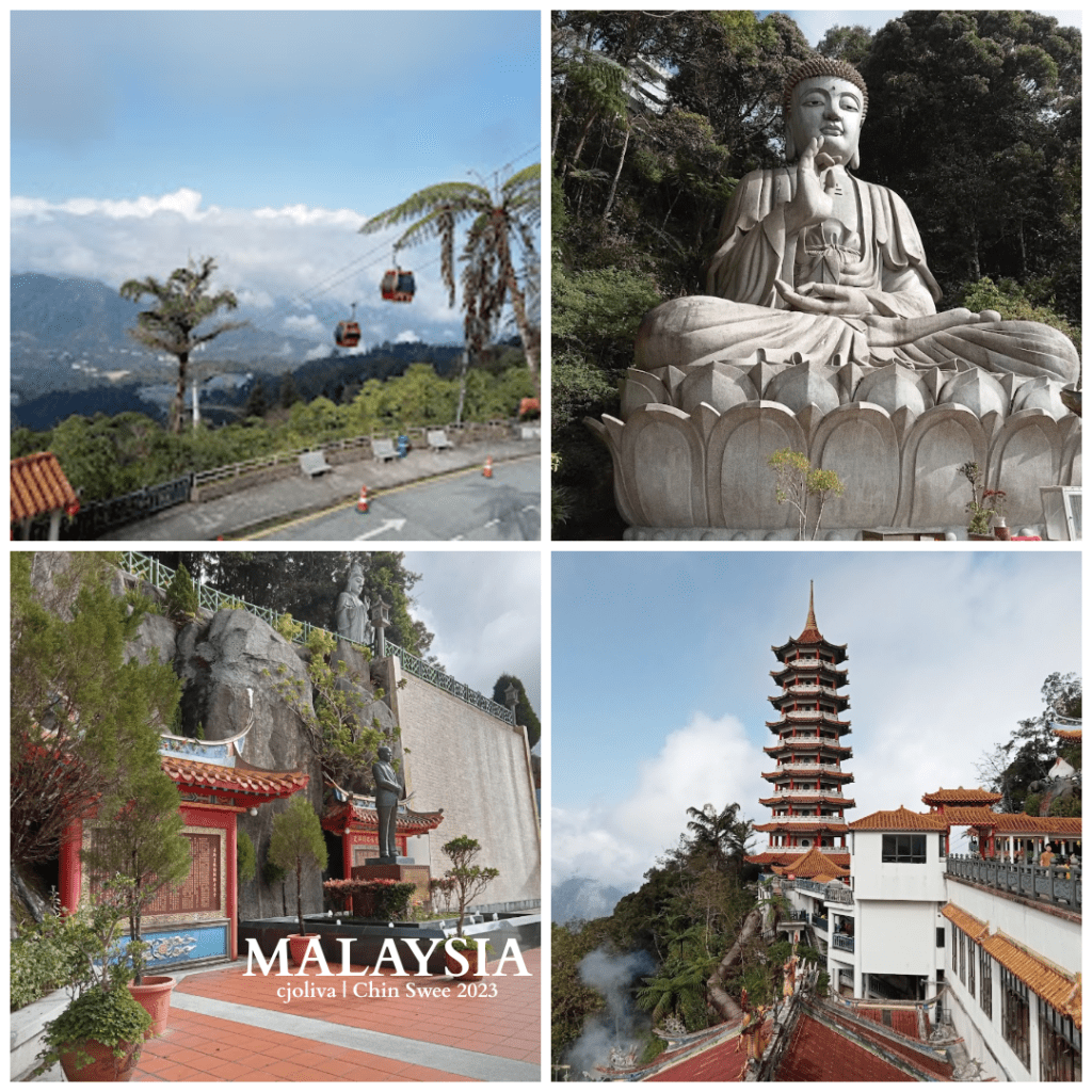 Collage of Chin Swee Caves Temple in Malaysia, featuring cable cars over mountains, a seated Buddha statue, an ornate temple entrance, and a multi-tiered pagoda surrounded by mist.