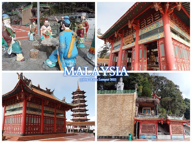 A collage of Chin-swee temple scenes in Kuala Lumpur, Malaysia, featuring colorful statues, ornate red pillars, a multi-tiered pagoda, and a hillside shrine built into the rock.