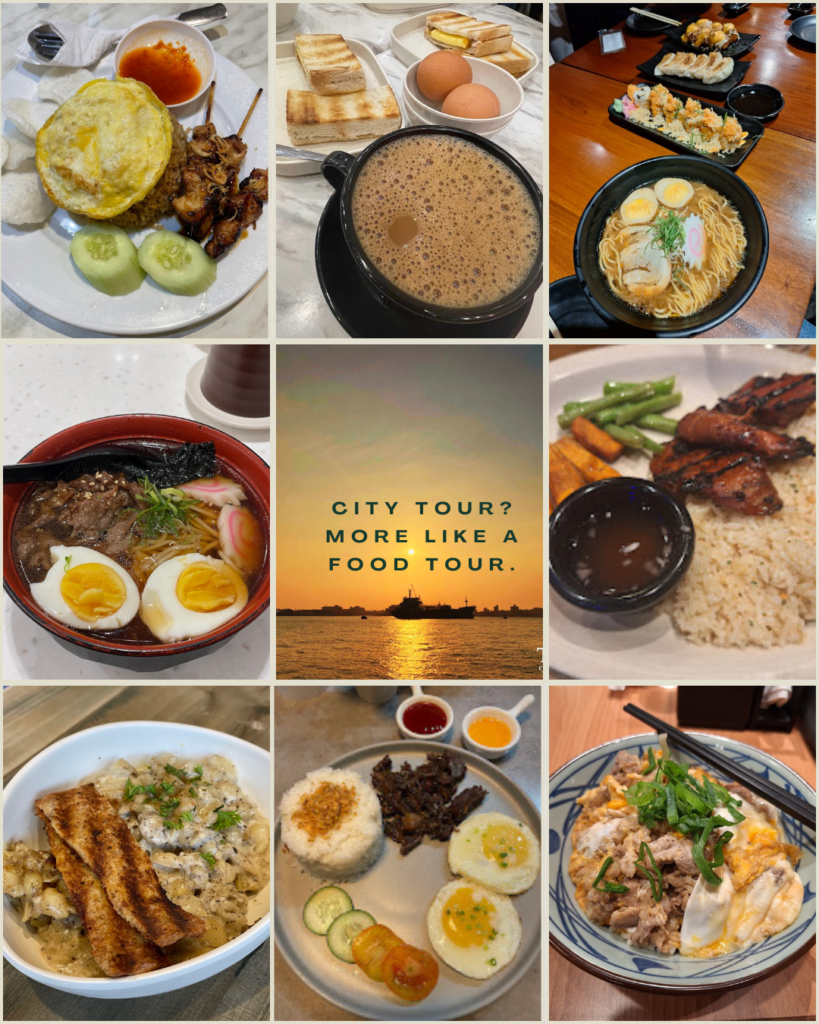 Collage of nine food photos, including grilled meat with rice and egg, toast with soft-boiled eggs and coffee, assorted sushi and dumplings, a ramen bowl, grilled meat with vegetables, creamy pasta, rice with grilled meat and fried eggs, and rice topped with meat and egg, with a central sunset image reading “City Tour?" More Like a Food Tour.”