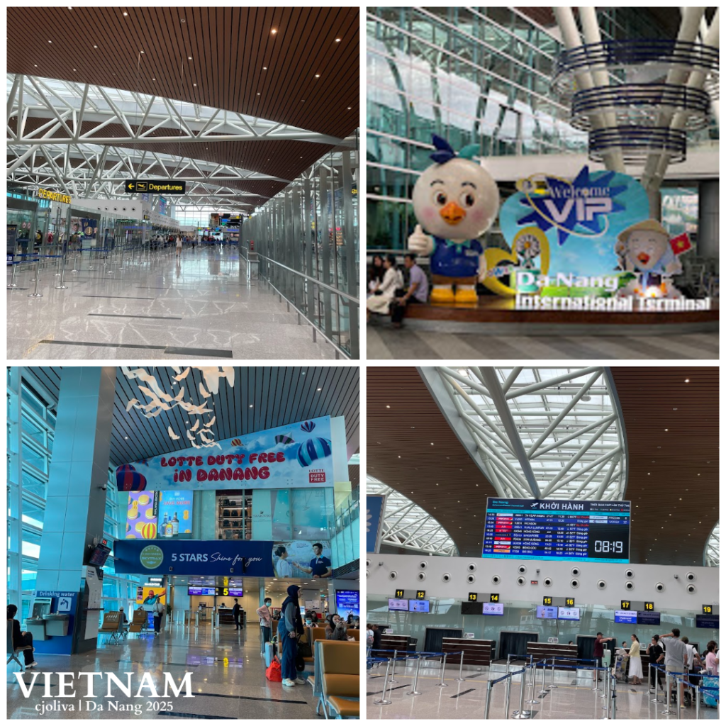 A collage of images from Da Nang International Airport, including the sleek terminal interior, the Lotte Duty Free shop, the departure flight board, and a colorful 'Welcome VIP' mascot display.