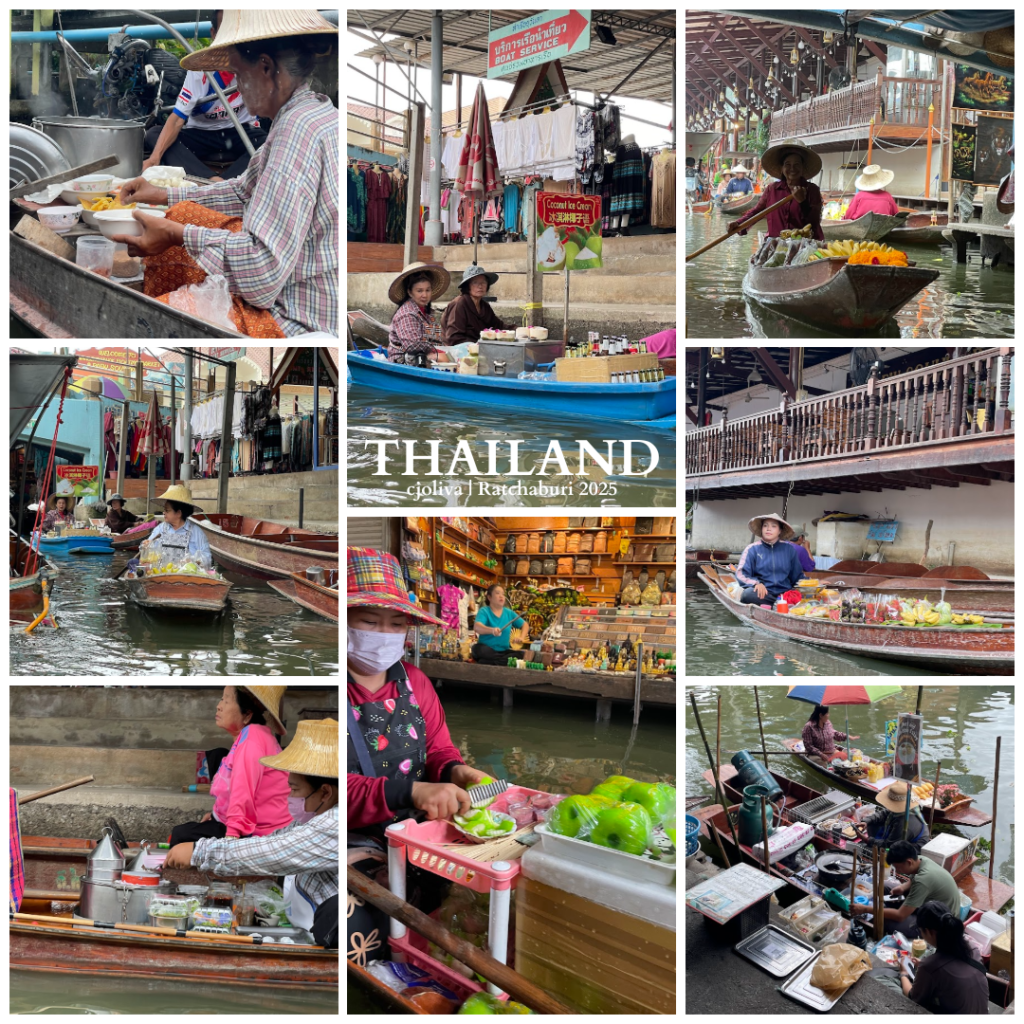 Collage of Ratchaburi floating market in Thailand, 2025, showing vendors in boats selling food, produce, and goods; traditional attire with wide-brimmed hats; cooking stations; fruits; vegetables; and signs for laundry service and coconut ice cream.