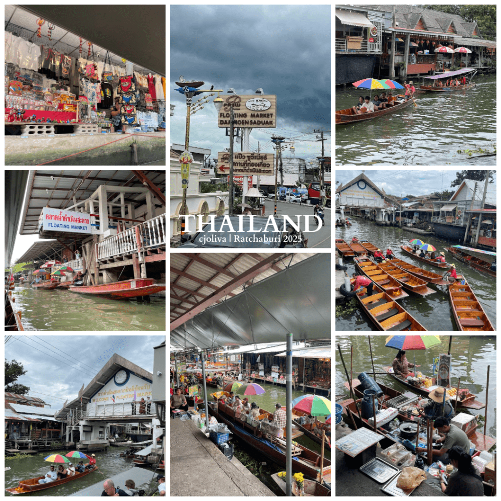 Collage of Damnoen Saduak Floating Market in Ratchaburi, Thailand, 2023 showing vendors in boats, colorful umbrellas, canal-side wooden buildings, souvenir stalls, and central sign reading Floating Market Damnoen Saduak.