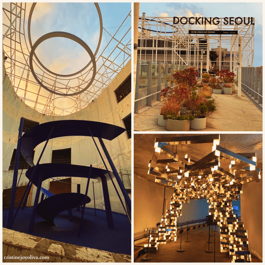 A collage of three images from Docking Seoul showing a large blue spiral sculpture under a circular skylight, the outdoor "Urban Art Station" entrance with autumn plants, and an indoor light installation made of glowing cubes.