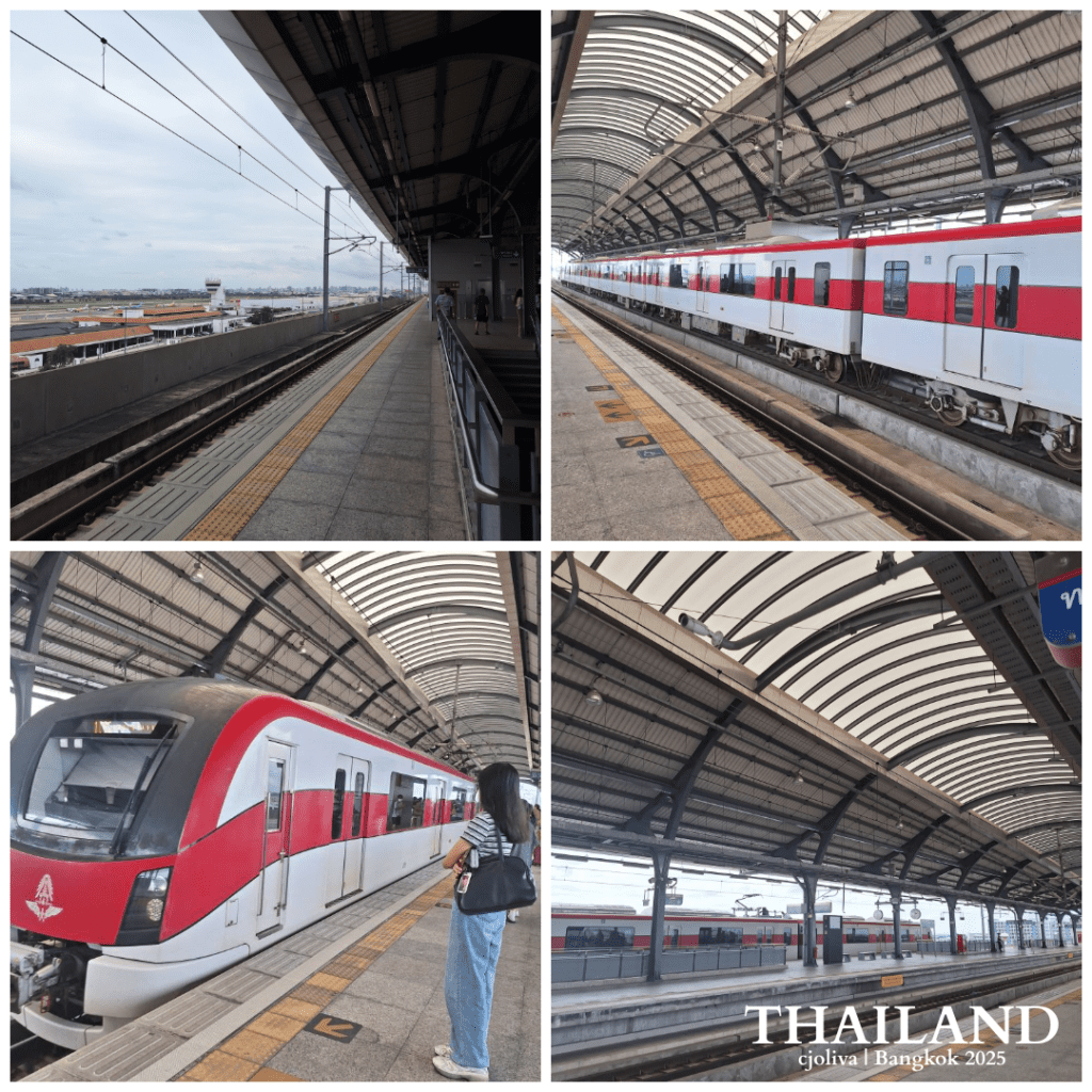A photo collage showing the modern SRT Dark Red Line commuter train and platform at Don Mueang Station, with views overlooking the airport tarmac in Bangkok.