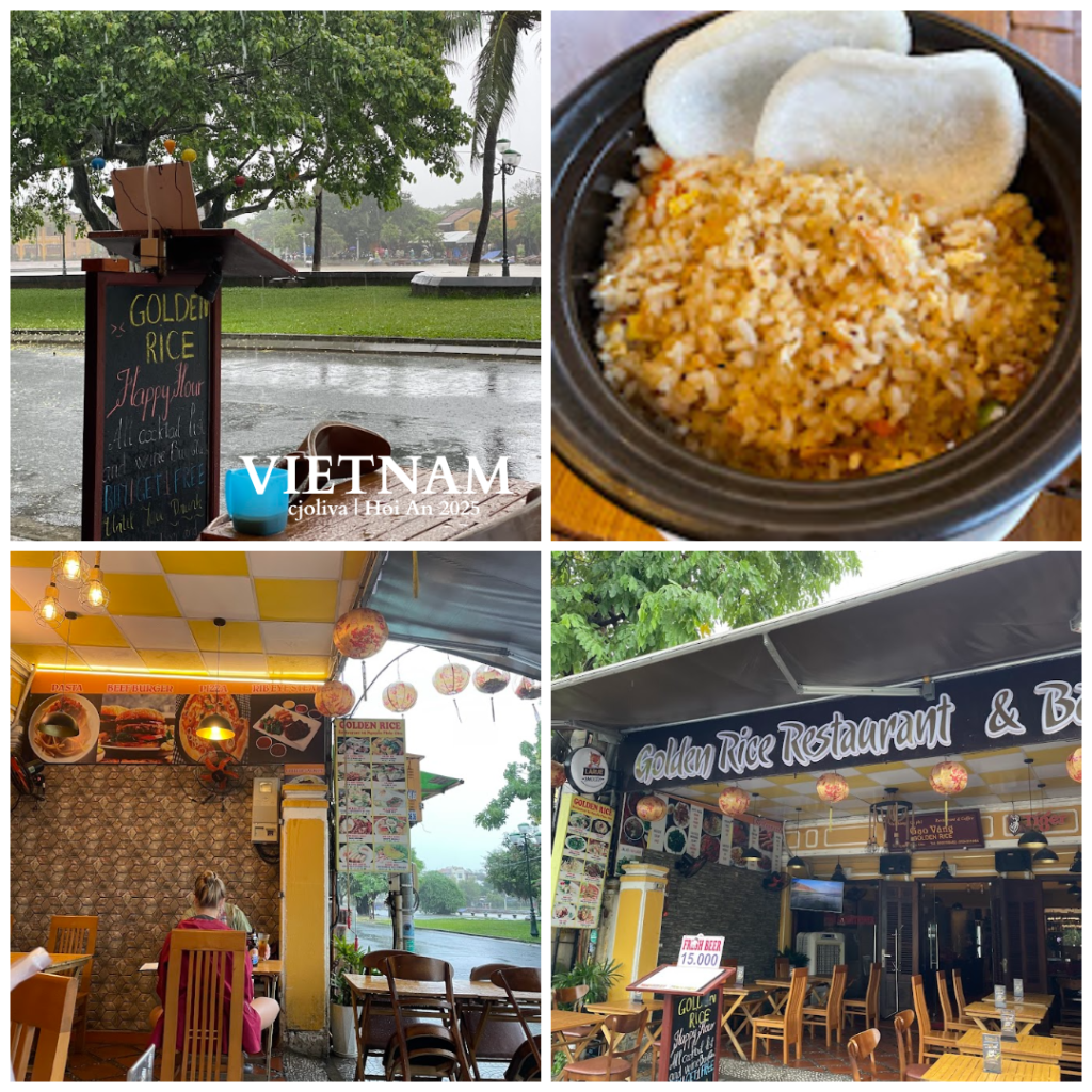 A collage of four photos from Golden Rice Restaurant in Hoi An, Vietnam, showing a chalkboard happy hour sign on a rainy street, a bowl of fried rice with prawn crackers, a cozy interior with lanterns and a wall menu, and an exterior with outdoor seating and lanterns.