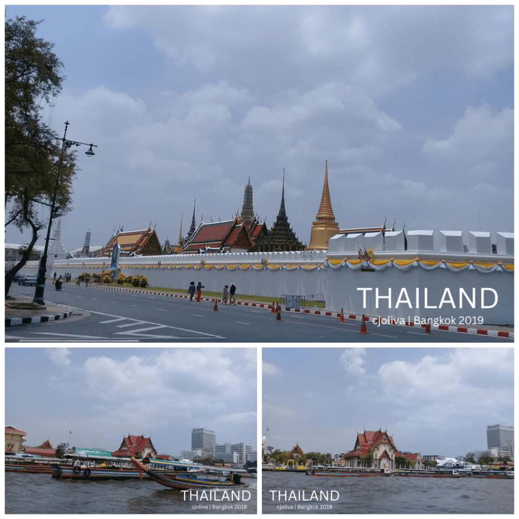 A collage featuring different views of Thai temple architecture, golden stupas, and riverside shrines in Bangkok.