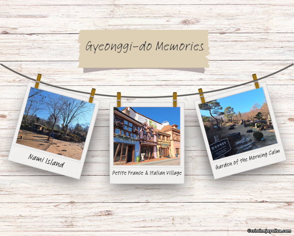Collage of Gyeonggi-do travel memories featuring Nami Island, Petite France Italian Village, and Garden of the Morning Calm in South Korea.