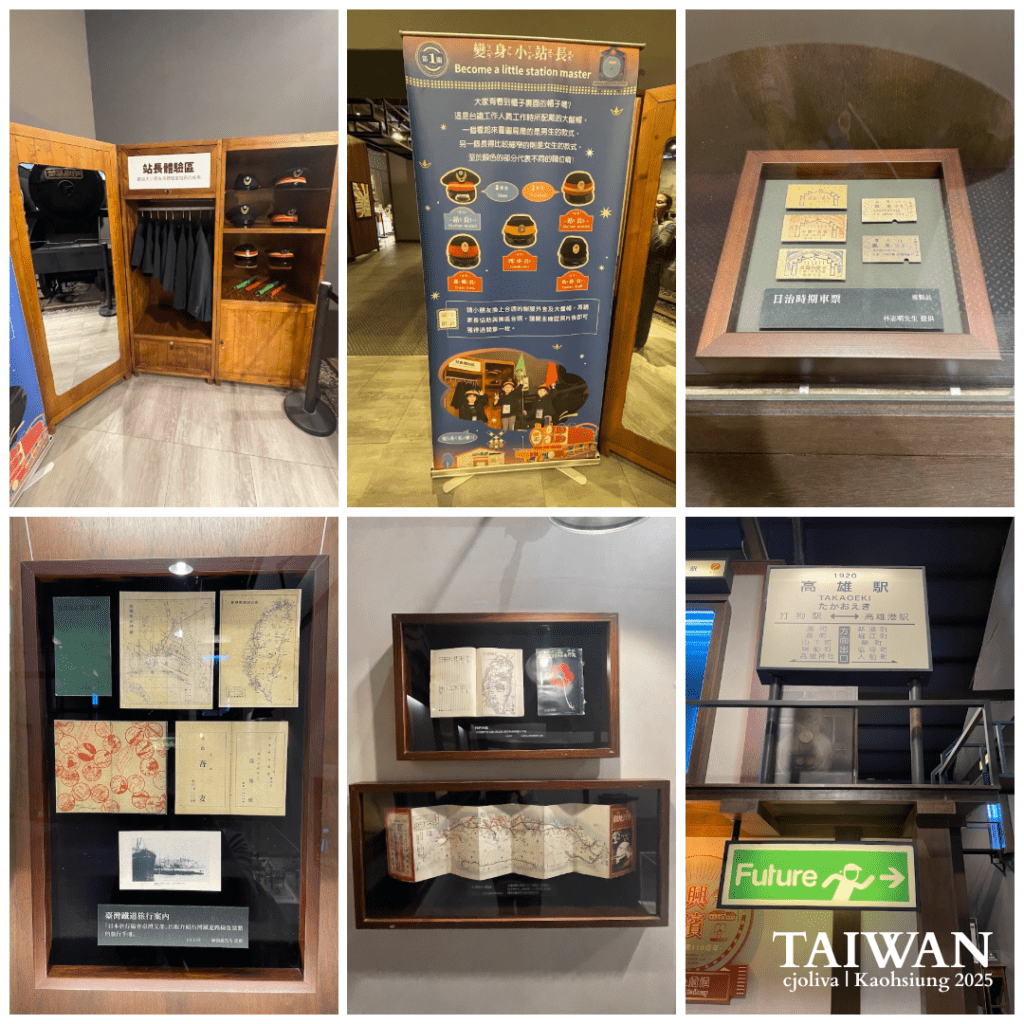 Collage showing vintage railway artifacts, including conductor uniforms, historic paper tickets, old maps of Taiwan, and a 'Takao Station' sign at the Hamasen Museum of Taiwan Railway.