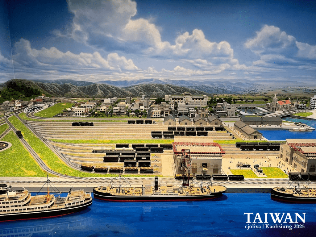 Detailed miniature diorama of the historic Takao port and railway yard at the Hamasen Museum of Taiwan Railway.