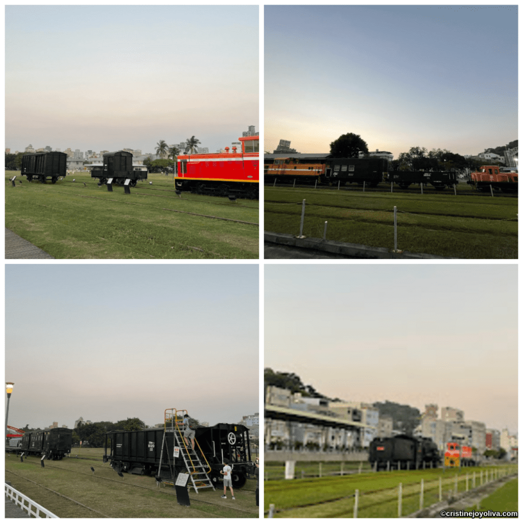 A collage of vintage locomotives and train cars displayed outdoors at Hamasen Railway Museum in Kaohsiung, Taiwan, including colorful engines and black freight cars on grassy tracks