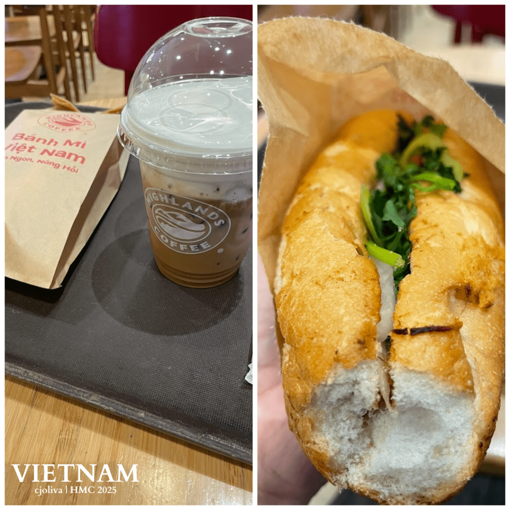 Collage of two photos from Highlands Coffee in Vietnam showing a wrapped bánh mì sandwich labeled “Bánh Mì Việt Nam - Ngon, Nóng Hổi” with iced coffee on a tray, and a close-up of the unwrapped sandwich with fresh greens and grilled meat inside a crispy baguette.