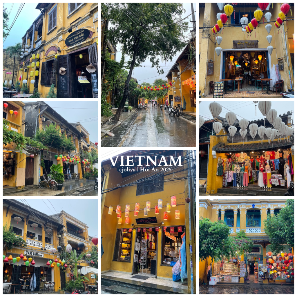 A collage of 8 photos highlighting the distinctive yellow colonial and traditional architecture of Hoi An, Vietnam. Featured are various shopfronts like Tam Tam Café and Artbook, adorned with colorful hanging lanterns and greenery along wet, rain-slicked streets.