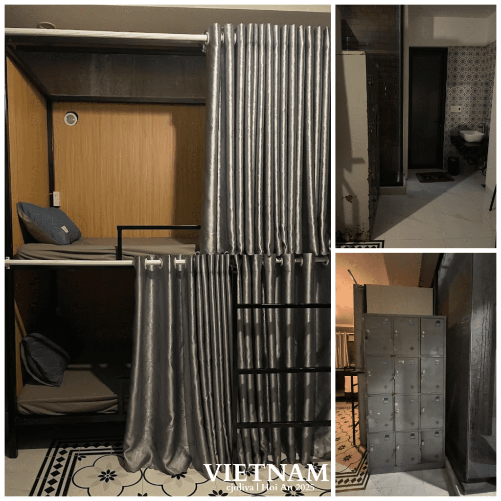 Collage of four photos from a hostel in Hoi An, Vietnam, showing bunk bed sleeping pods with curtains and wooden paneling, patterned tile flooring, bathroom with sink and mirror, and a row of numbered metal lockers for guest storage.