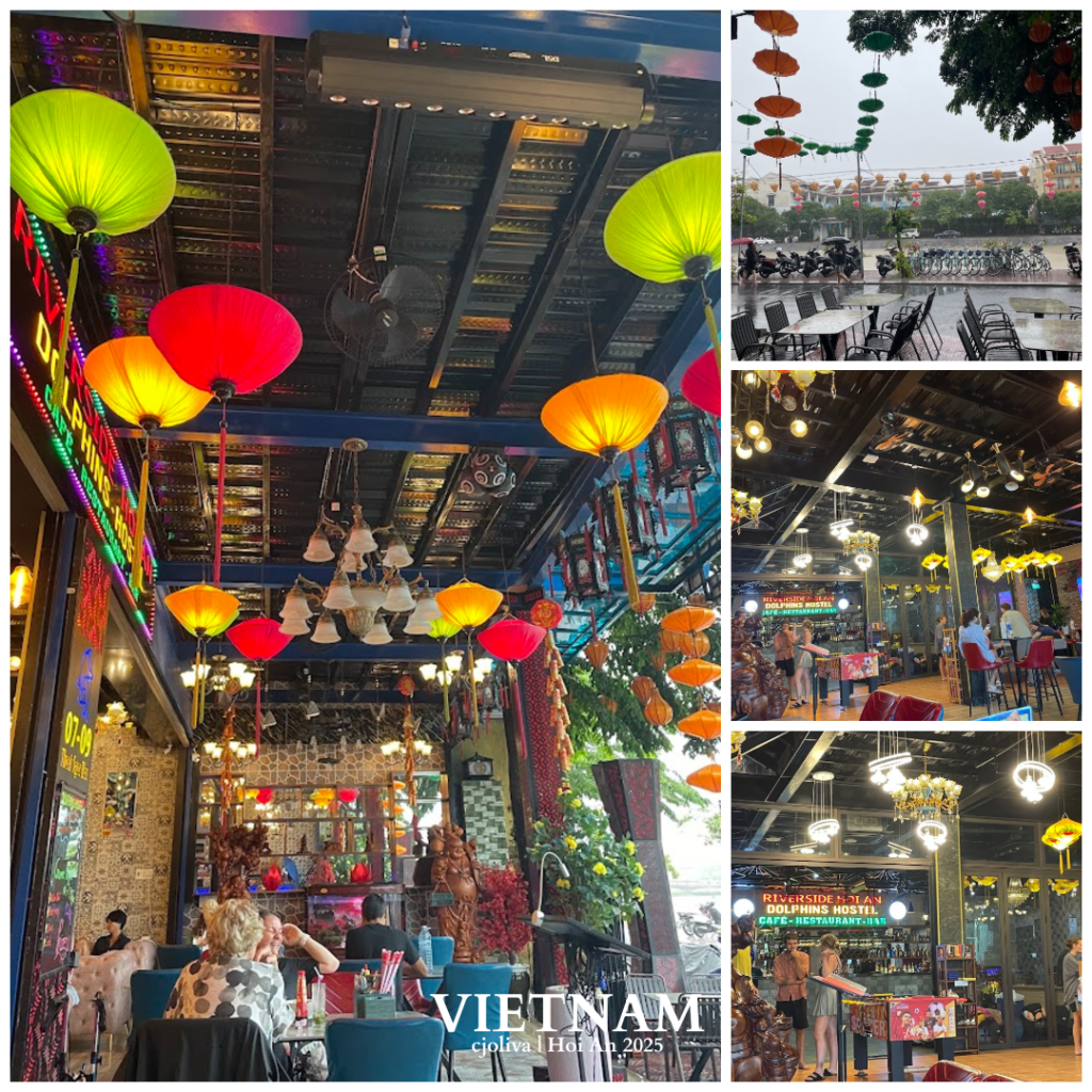 Collage of five photos from a riverside café in Hoi An, Vietnam, featuring colorful hanging lanterns, outdoor seating, ornate decorations, eclectic lighting, bar area, and patrons dining in a vibrant atmosphere.